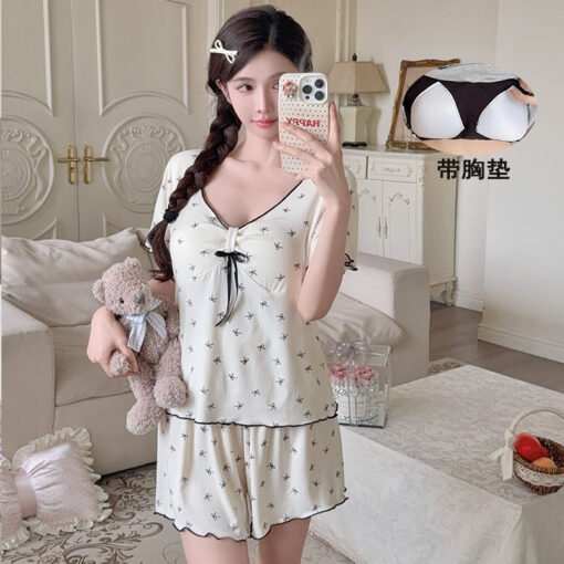 Vapetix M-XXL  Women's apricot Bow Pajamas with Chest Pad Summer Short-sleeved Modal V-neck suit - Afbeelding 5