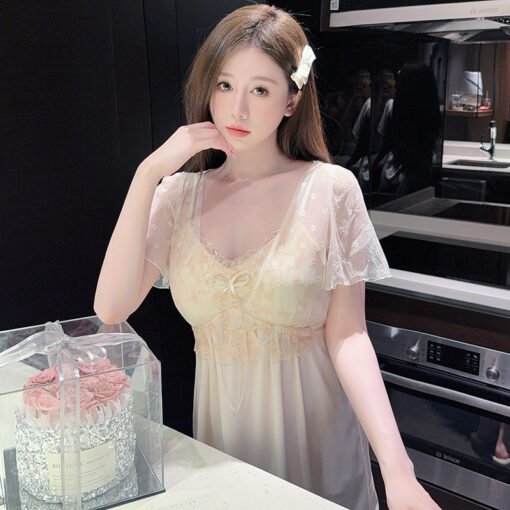 Vapetix M-XL  Summer Short Sleeve Ice Silk Nightgown with Chest Pad Sexy Lace Mesh Pure Desire Long Nightgown Nig – Bild 2