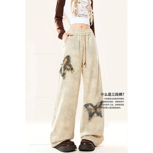 Vapetix S-XL  American Style Butterfly Embroidered Wide Leg Pants Women's 2025 Spring and Summer Design High Wais - 图片 3