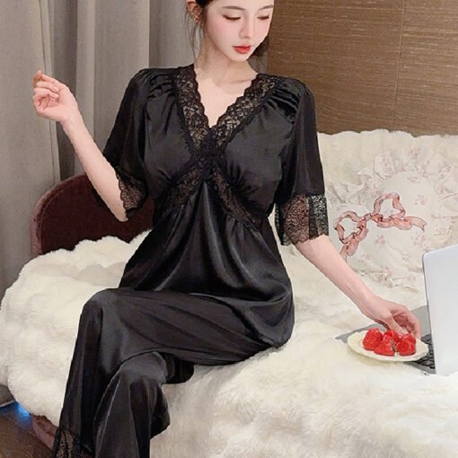 Vapetix M-XXL  Summer Ice Silk Thin Short-sleeved Trousers suit Solid Color Pajamas Women's Spring Home Clothes Wo – Bild 5