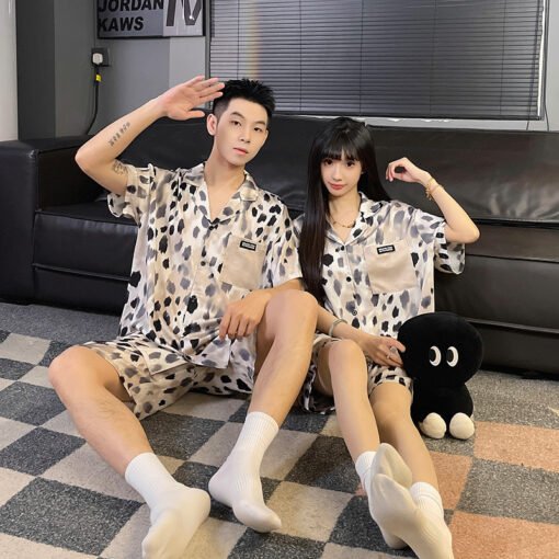 Vapetix M-XXXL  Ice Silk Couple Pajamas Summer New Short-sleeved Cartoon Comfortable Summer Outfit Two-piece Suit - Image 2