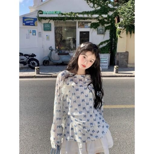 Vapetix S-XL  Original Fabric Blue Butterfly Floral Thin Floral Long Sleeve Sunscreen Sweet Bow Loose Round Neck - Afbeelding 5