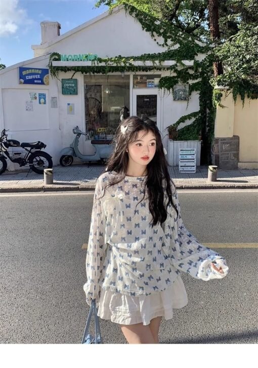 Vapetix S-XL  Original Fabric Blue Butterfly Floral Thin Floral Long Sleeve Sunscreen Sweet Bow Loose Round Neck - Afbeelding 6