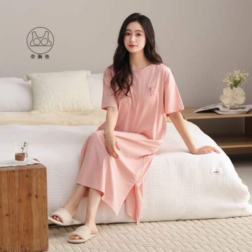 Vapetix 160(M)-175(XXL)  With Chest Pad Cool Cotton Short-sleeved Nightgown Pullover Casual Simple Pure Cotton Pull-up Cotto – Bild 5