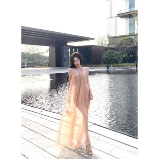Vapetix S-XL  Seaside Travel Photo Vacation Long Dress Women's Super Fairy Mesh Sexy Shoulder Strapless dress Dre - 图片 4