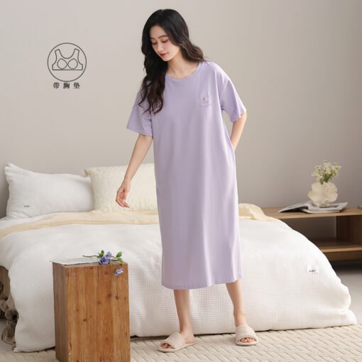 Vapetix 160(M)-175(XXL)  With Chest Pad Cool Cotton Short-sleeved Nightgown Pullover Casual Simple Pure Cotton Pull-up Cotto - Imagen 3