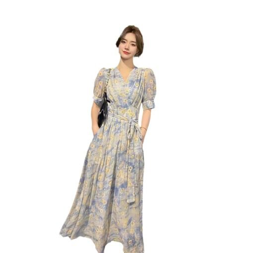 Vapetix M-2XL  Printed Mid-length French New A- line Skirt V-neck Slimming Over-the-knee Short Sleeve Split Ladies - 图片 3