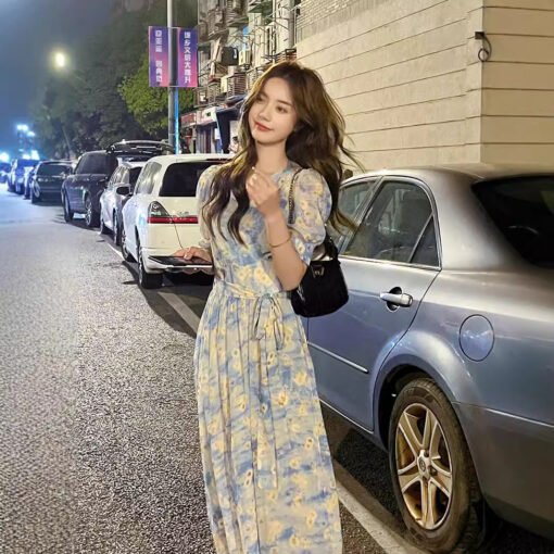 Vapetix M-2XL  Printed Mid-length French New A- line Skirt V-neck Slimming Over-the-knee Short Sleeve Split Ladies - 图片 4