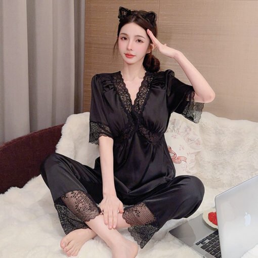 Vapetix M-XXL  Summer Ice Silk Thin Short-sleeved Trousers suit Solid Color Pajamas Women's Spring Home Clothes Wo – Bild 2