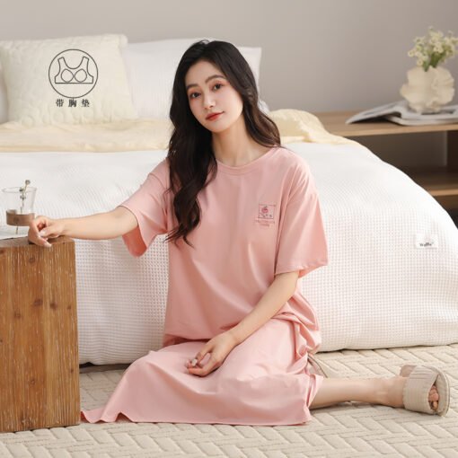 Vapetix 160(M)-175(XXL)  With Chest Pad Cool Cotton Short-sleeved Nightgown Pullover Casual Simple Pure Cotton Pull-up Cotto – Bild 2