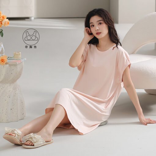 Vapetix 160(M)-175(XXL)  With Chest Pad Cool Cotton Short-sleeved Nightgown Pullover Casual Simple Pure Cotton Pull-up Cotto – Bild 3