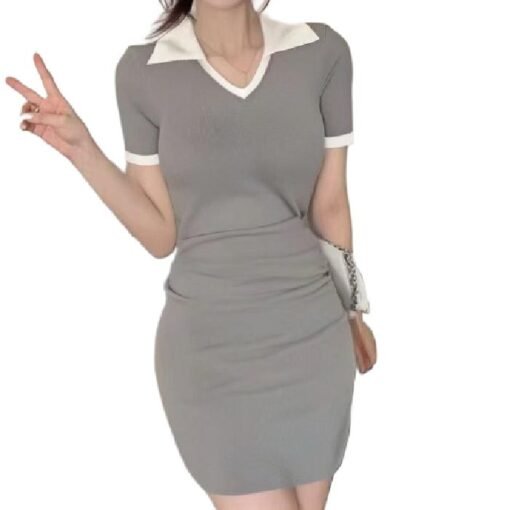 Vapetix One size fits all-One size fits all  Shipped V-neck color matching drawstring waist short sleeve ice cool silk knitted dress