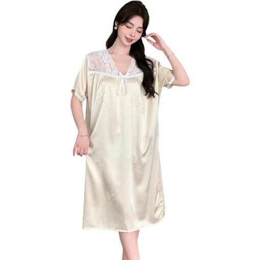Vapetix 160(M)-175(XXL)  Women's Nightgown with Chest Pad 2025 New Ice Silk Short Sleeve Comfortable Silk Summer Outer Wear - Afbeelding 2