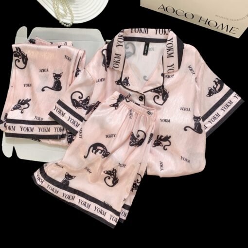Vapetix M-XXL  Live Summer Short-sleeved Ice Silk Pajamas with Chest Pad Women's Thin Ice Silk Three-piece Set Wom – Bild 2