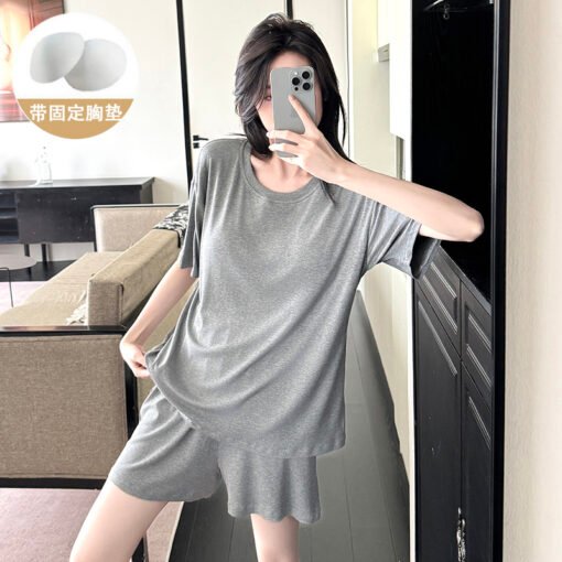 Vapetix M-XXL  Shaoxing -2025 Pajamas Women's Cotton Crewneck Short Sleeve Shorts Solid Color Outer Wear Home Wear - Kép 5