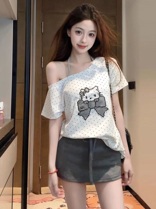 Vapetix S-XL  【40 imitation cotton thread】tilted neck off-shoulder short-sleeved top for women polka dot printing