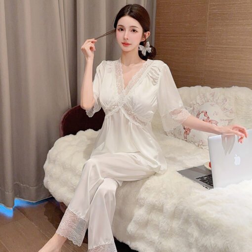 Vapetix M-XXL  Summer Ice Silk Thin Short-sleeved Trousers suit Solid Color Pajamas Women's Spring Home Clothes Wo - Imagen 2