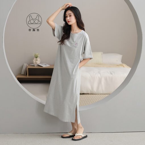 Vapetix 160(M)-175(XXL)  With Chest Pad Cool Cotton Short-sleeved Nightgown Pullover Casual Simple Pure Cotton Pull-up Cotto - Afbeelding 2