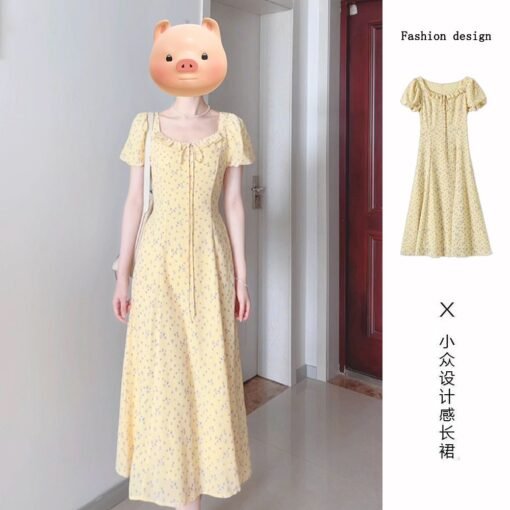 Vapetix S-2XL  French puff sleeve yellow dress summer 2025 new small and beautiful temperament floral long skirt – Bild 3