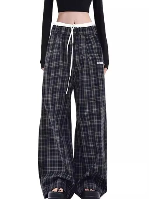 Vapetix M-2XL  [Double Waist Embroidery] Stitching Plaid Wide Leg Pants Women's High Waist Loose Casual Pants
