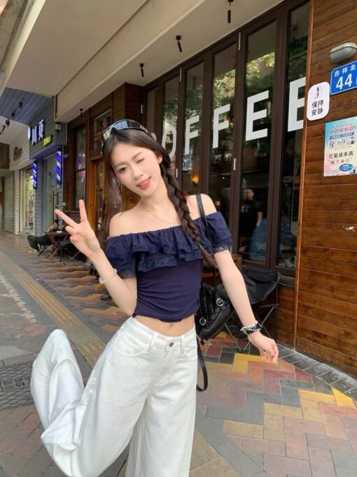 Vapetix S-XL  Pure lace side-shoulder strapless T-shirt for women 2025 new summer slim fit unique super good-look - Pilt 5