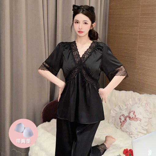Vapetix M-XXL  Summer Ice Silk Thin Short-sleeved Trousers suit Solid Color Pajamas Women's Spring Home Clothes Wo – Bild 3