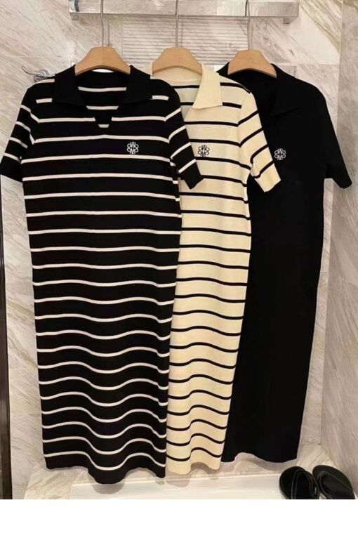 Vapetix Universal code-Universal code  French polo striped short-sleeved ice silk knitted dress 2025 summer new niche loose and fashionabl – Bild 2