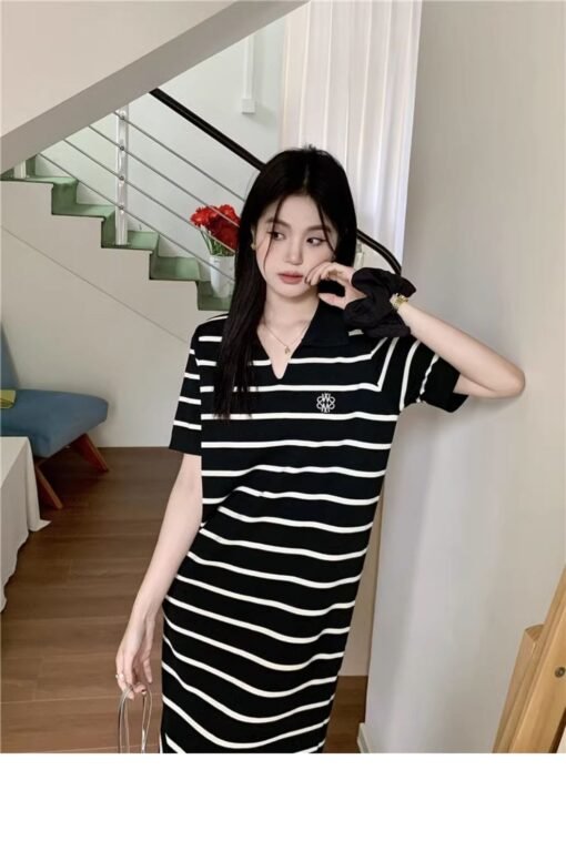 Vapetix Universal code-Universal code  French polo striped short-sleeved ice silk knitted dress 2025 summer new niche loose and fashionabl – Bild 3