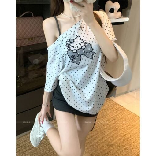 Vapetix S-XL  【40 imitation cotton thread】tiled neck bow printed short-sleeved T-shirt women's loose top - Imagen 4