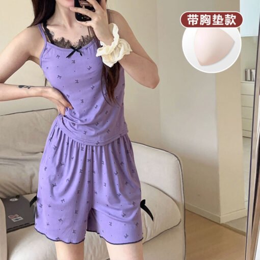 Vapetix M-XL  [Tanfanny Summer 77 Batch]# M-XL (Modal with Chest Pad) Summer Sling Pajamas Women's Suit Purple - 图片 3
