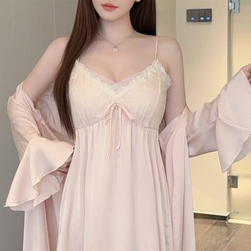 Vapetix M-XL  Live spring and summer with chest pad long sleeve two-piece ice silk nightgown pure sexy lace pajam – Bild 4