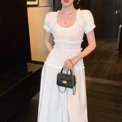 Vapetix S-L  Shipped 2025 New Women's Summer Short-sleeved Vacation Long Dress Elegant Waist Slimming Skirt