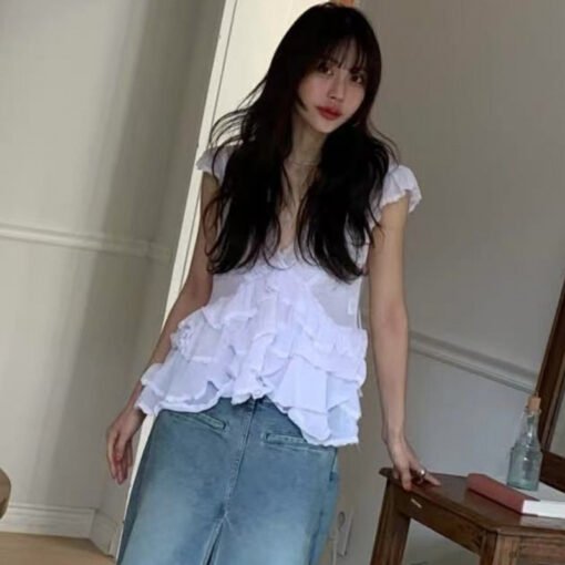 Vapetix One size fits all-One size fits all  South Korea Chic Summer Cute Age-reducing Micro-transparent Heavy Industry Ear V-neck Flying Sleeve