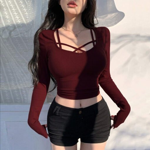 Vapetix S-XL  2024 cross-border foreign trade women's wine red sweet and spicy style T-shirt autumn and winter U-
