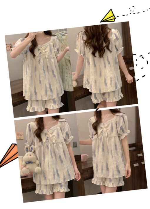 Vapetix M-XXL  Pajamas with Chest Pad Women's Summer Short-sleeved Shorts Cloud Cotton High-end Sense Striped Home