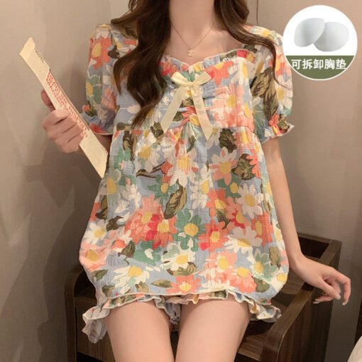 Vapetix M-XXL  Pajamas with Chest Pad Women's Summer Short-sleeved Shorts Cloud Cotton High-end Sense Striped Home - 图片 2