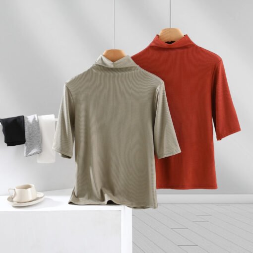Vapetix M-XXL  Threaded semi-high collar half-sleeve T-shirt women's summer outer wear thin mid-sleeve top slim in