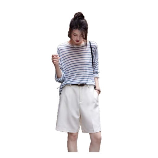 Vapetix One size fits all-One size fits all  SS STUDIO Summer Sun Protection Cool Air Sense Slub Striped Long Sleeve Round Neck Sweater Female S