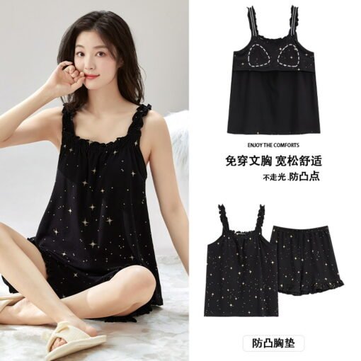 Vapetix M-XXL  Pajamas with Chest Pad Women's Summer Sling Shorts suit Pure Cotton French Style Sexy Cool Outer We