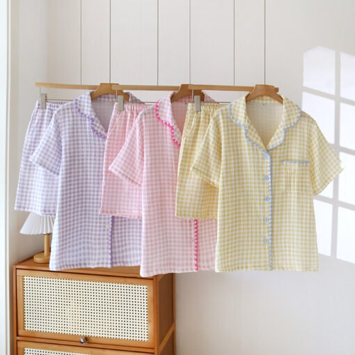 Vapetix M-XL  Cotton Yarn Shell Embroidered Plaid Short-sleeved Shorts Cardigan Two-piece Set Summer Thin Sweet H