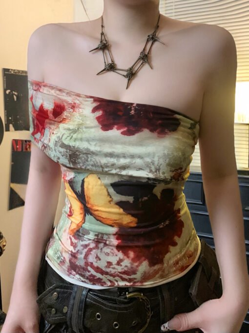 Vapetix S-L  Antique Butterfly Tie-Dye Printed One-Shoulder Asymmetrical Strapless Top Niche Spice Girl Style Ti
