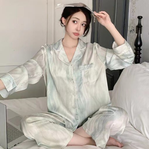 Vapetix M-XXL  Pajamas women's spring and autumn new ice silk long sleeve cardigan suit summer thin net red plus s