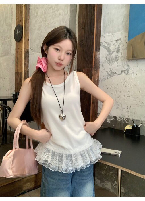 Vapetix S-XL  Korean Style All-match Design Lace Lace Stitching Vest Women's Summer Fresh Age-reducing Niche Wear