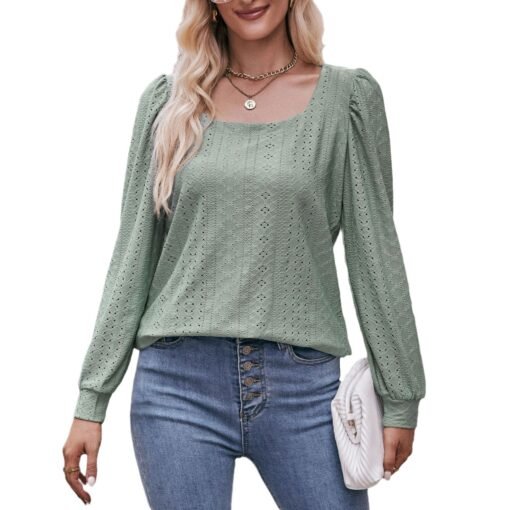 Vapetix S-XXL  Autumn 2023 New Cross-border European and American Women's Amazon Square Collar T-shirt Hollow Long