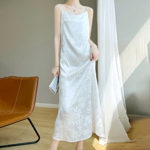 Vapetix S-XXL  French Satin Silk Sling dress Women's V-neck Acetate Jacquard Dress for Spring and Summer Slim Look