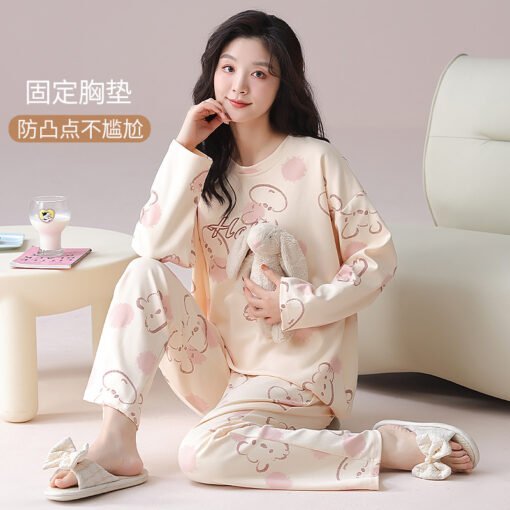 Vapetix M-XXL  Pajamas Women's Cotton Spring and Autumn with Chest Pad Crewneck Long Sleeve Trousers Sweet Home Cl