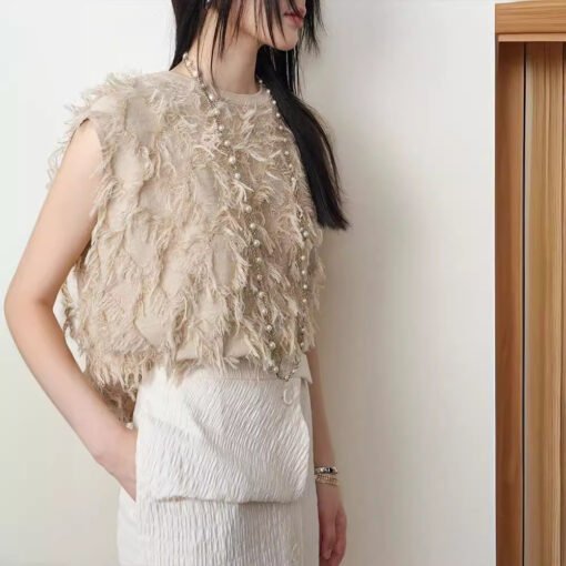 Vapetix M-L  Cut flower tassel rhombus_Tencel wool sweater style temperament fashionable elegant T-shirt jacket