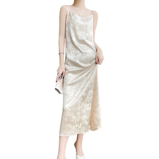 Vapetix S-XXL  French Satin Silk Sling dress Women's V-neck Acetate Jacquard Dress for Spring and Summer Slim Look - 图片 3