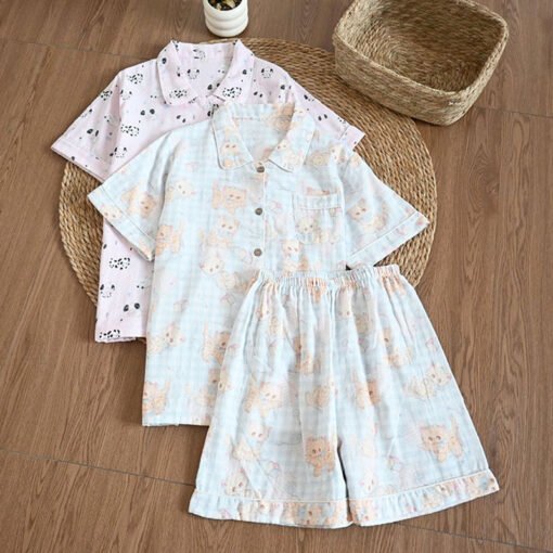 Vapetix M-XL  Summer Gauze Short-sleeved Pants Shorts Pajamas suit Women's Breathable Pure Cotton Lapel Loose Car