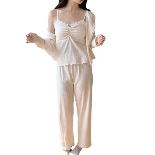 Vapetix M-XXL  Pajamas Women with Chest Pad Spring and Autumn New 6535 Cotton Sweet Ins Sling Cardigan Trousers Th